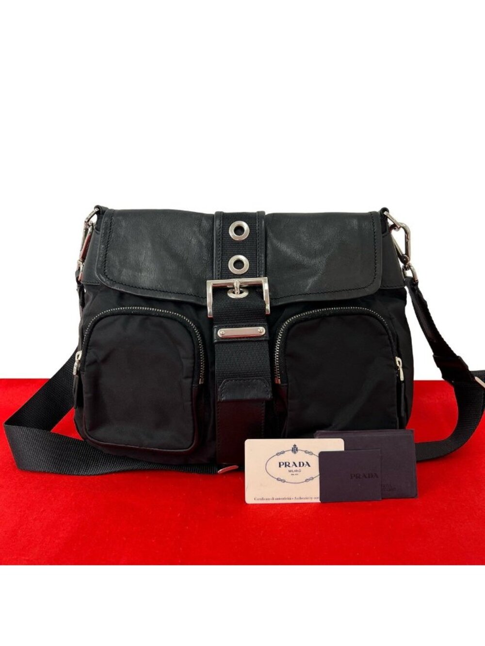 Prada Tessuto Nylon Leather Shoulder Bag Cross Black